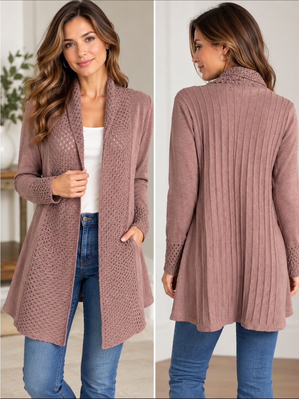 Light Brown Women's Open Front Knit Cardigan Sweater -